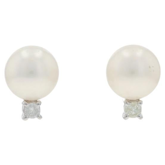 White Gold Pearl Diamond Stud Earrings - 14k .10ctw Pierced