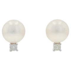 White Gold Pearl Diamond Stud Earrings - 14k .10ctw Pierced