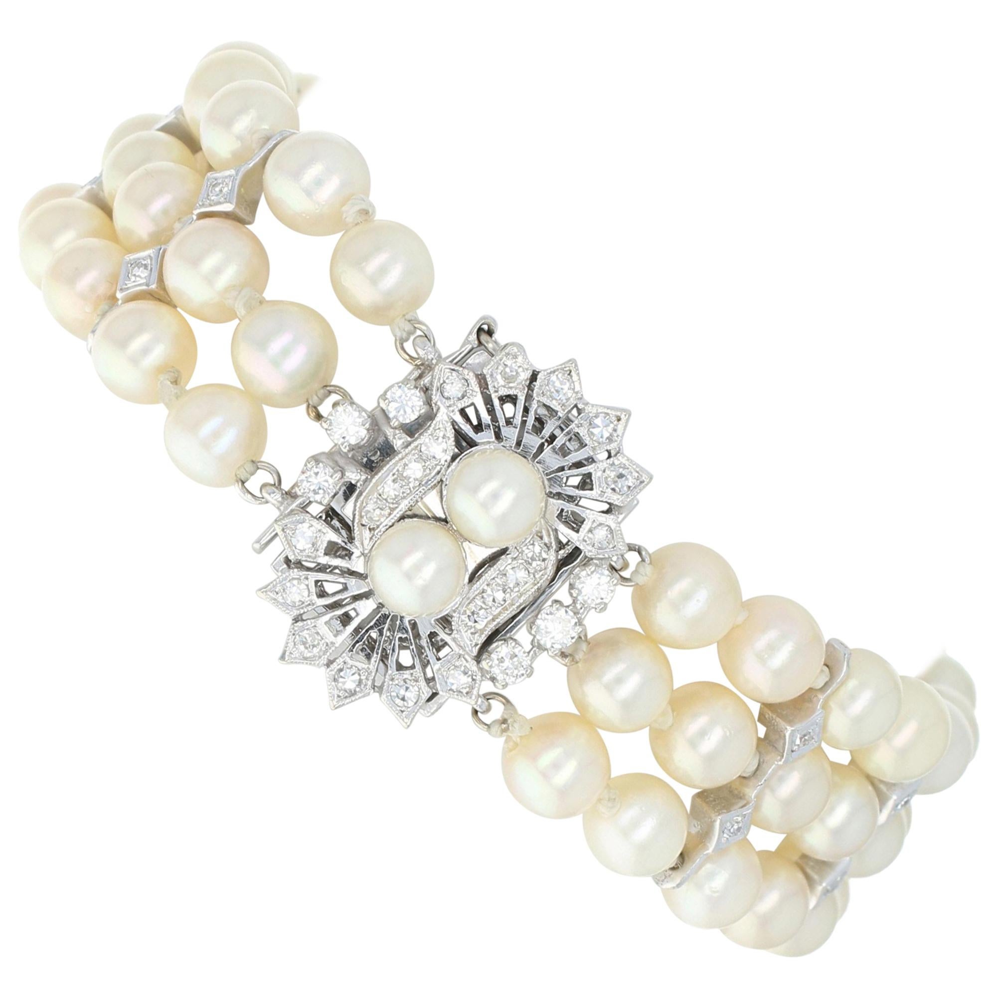 White Gold Pearl & Diamond Vintage Three-Strand Bracelet, 14 Karat Rnd .90 Carat