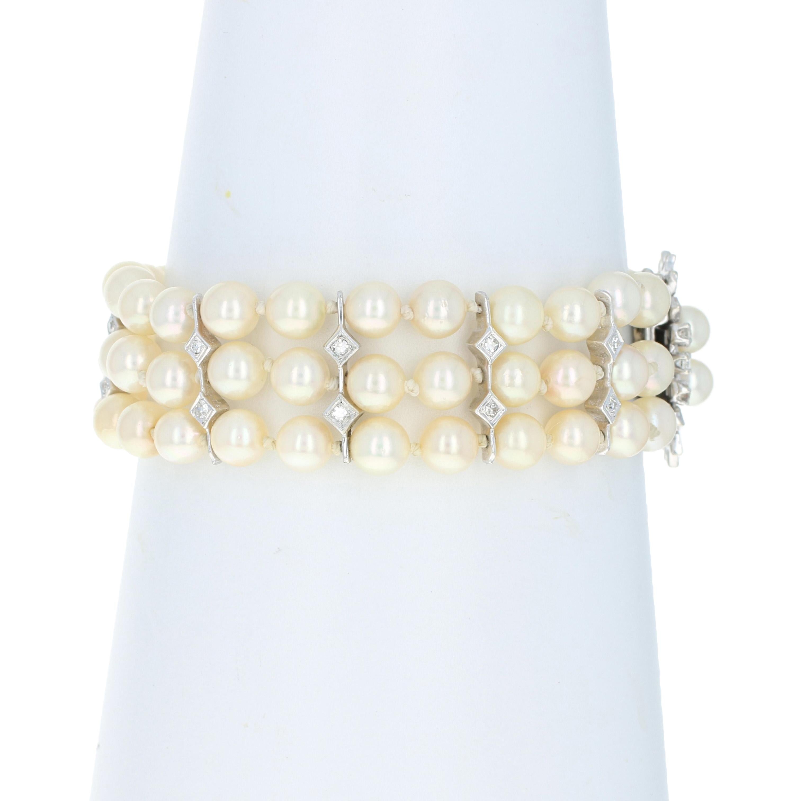 Round Cut White Gold Pearl & Diamond Vintage Three-Strand Bracelet, 14 Karat Rnd .90 Carat