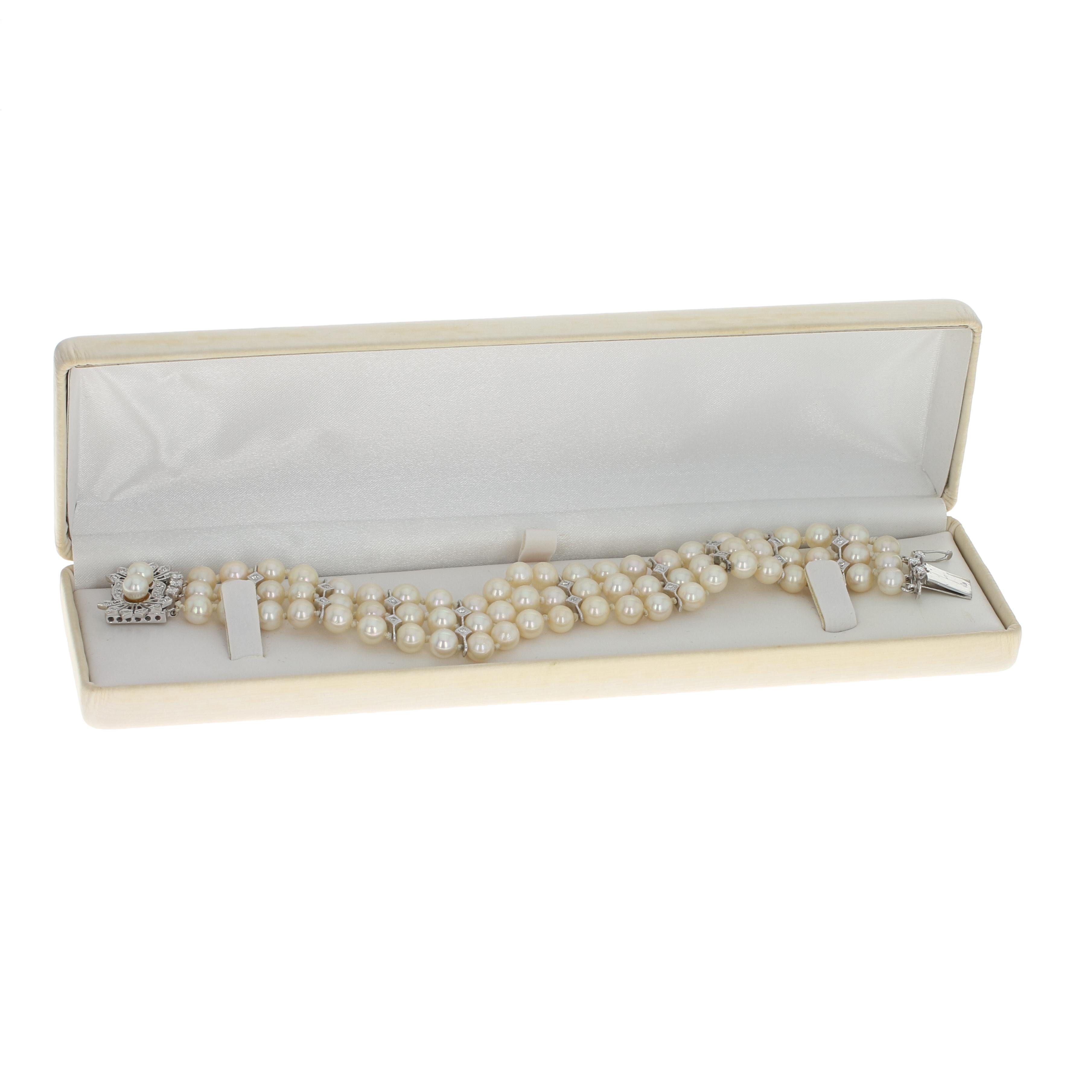 White Gold Pearl & Diamond Vintage Three-Strand Bracelet, 14 Karat Rnd .90 Carat In Excellent Condition In Greensboro, NC