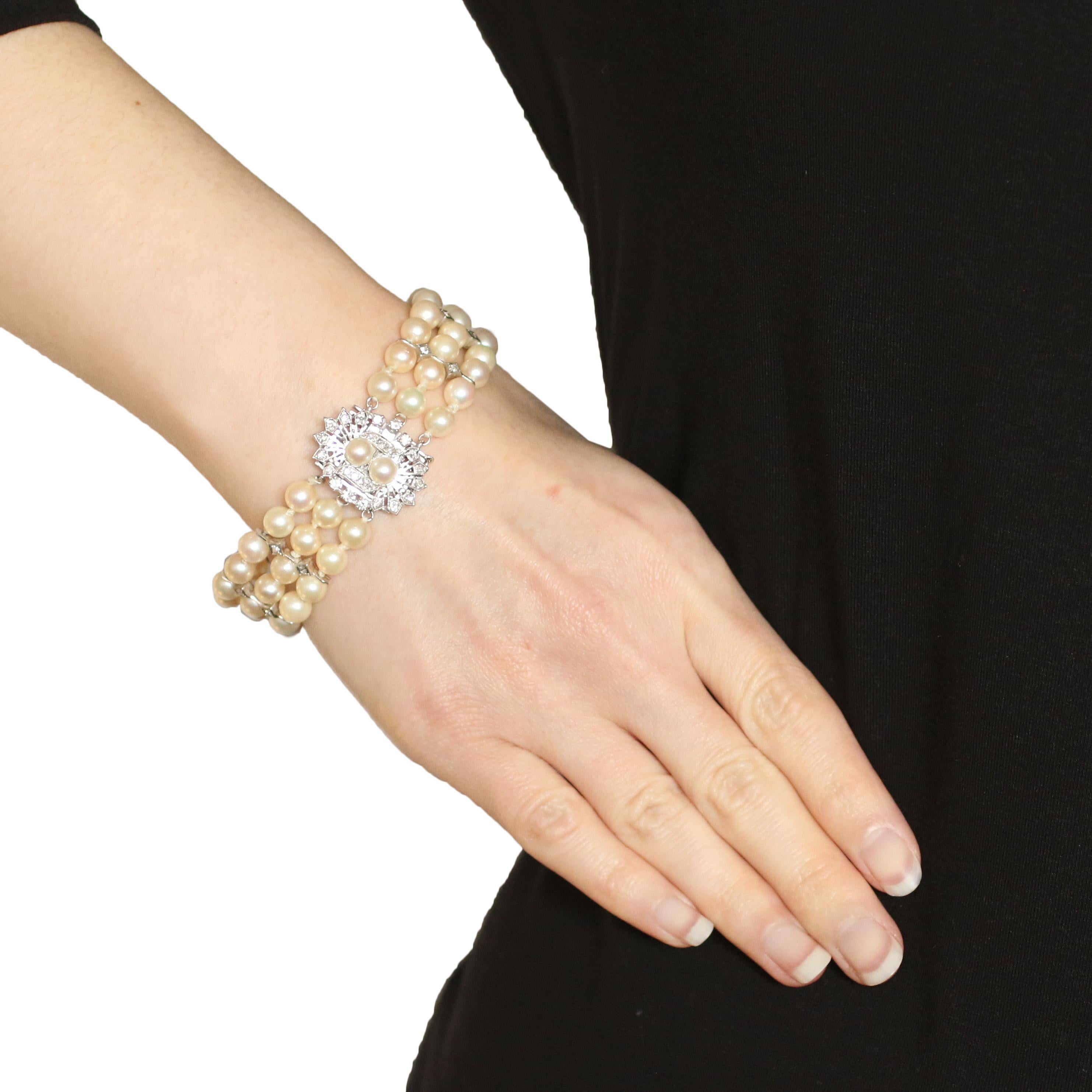 Women's White Gold Pearl & Diamond Vintage Three-Strand Bracelet, 14 Karat Rnd .90 Carat