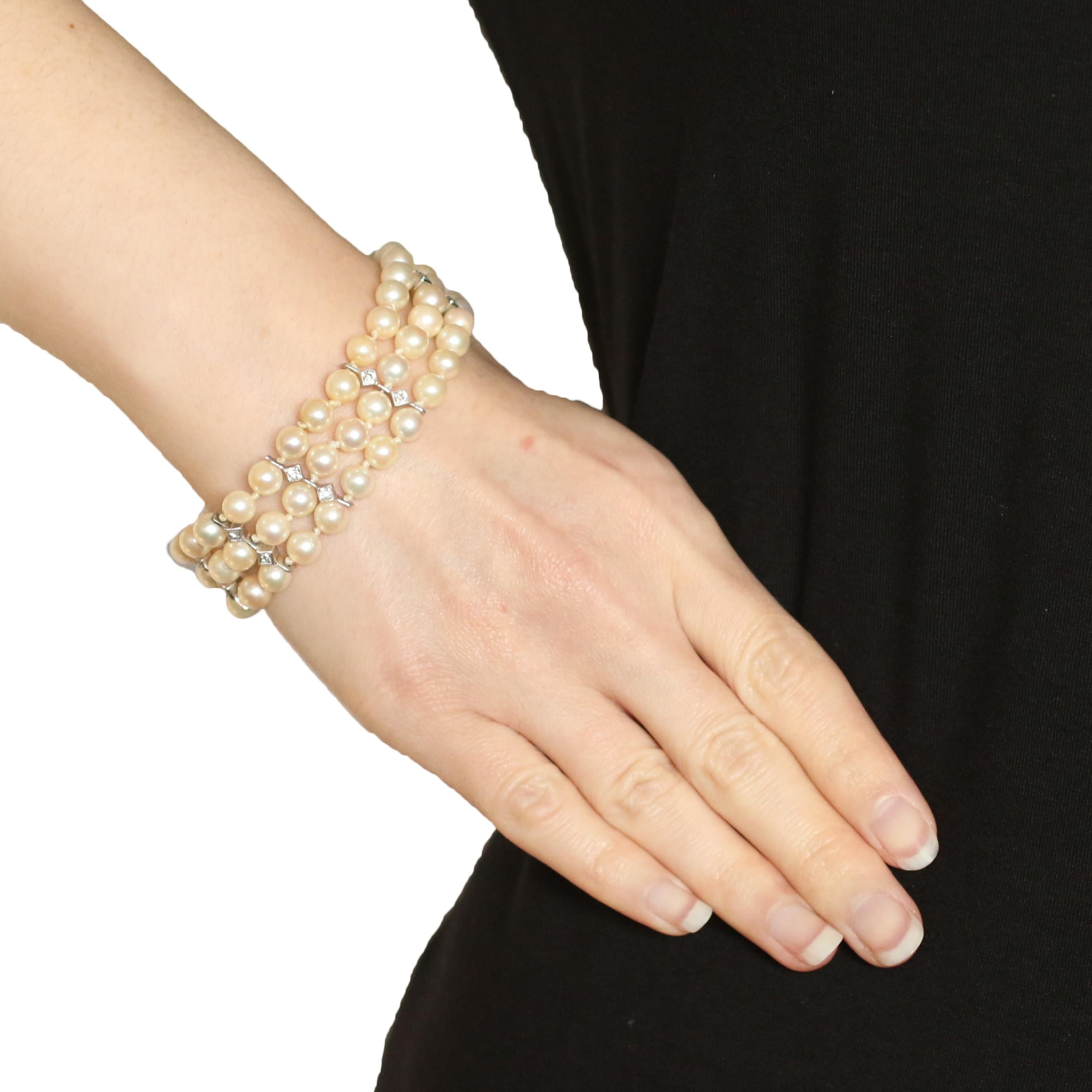 White Gold Pearl & Diamond Vintage Three-Strand Bracelet, 14 Karat Rnd .90 Carat 1