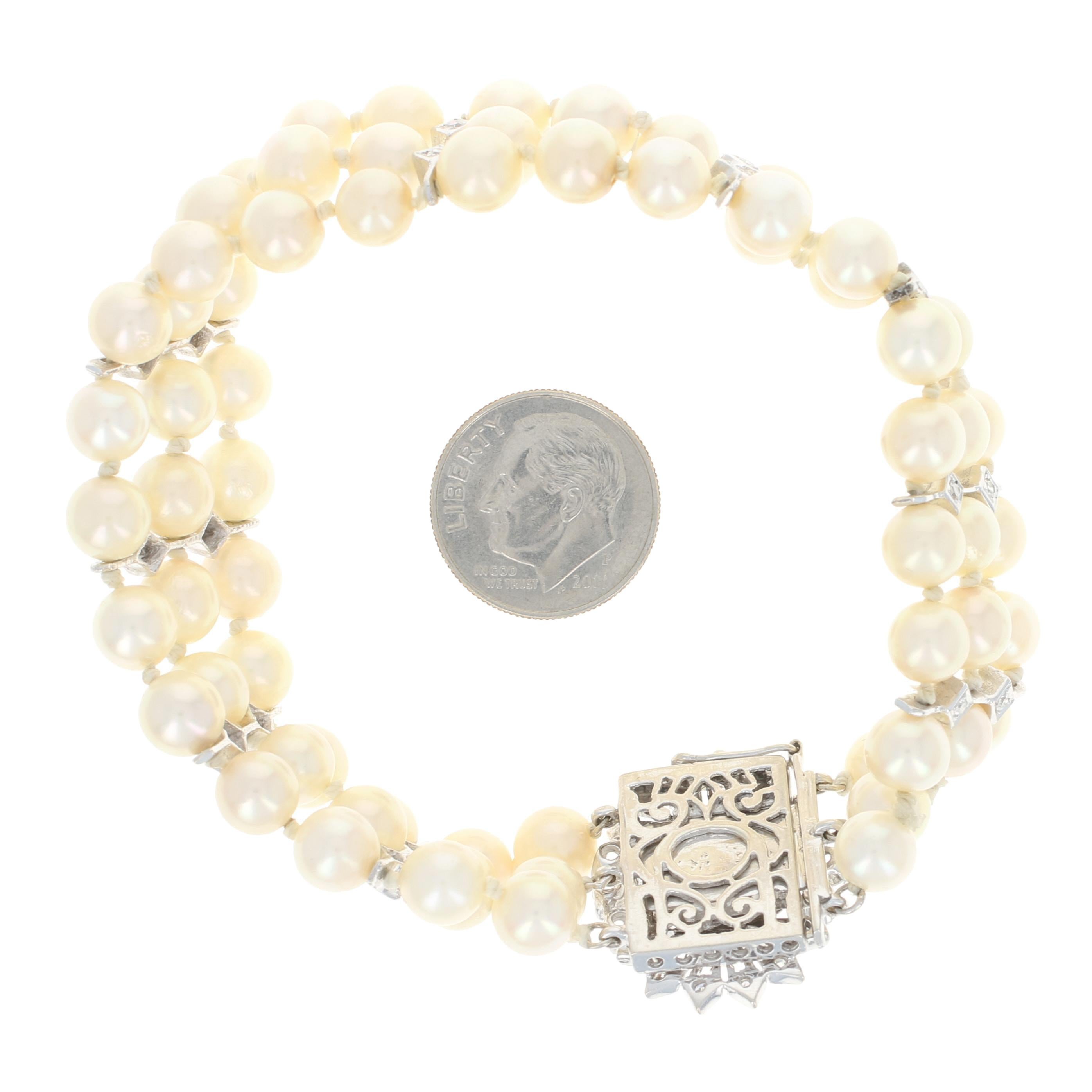 White Gold Pearl & Diamond Vintage Three-Strand Bracelet, 14 Karat Rnd .90 Carat 2