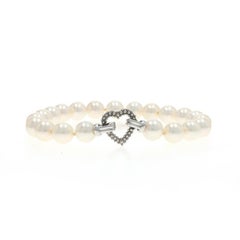 White Gold Pearl Heart Knotted Strand Bracelet 6 3/4" - 14k Love