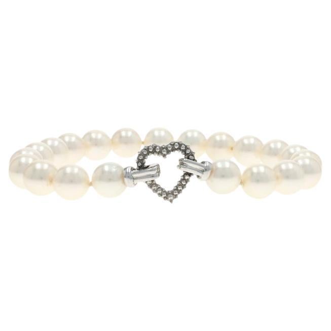 White Gold Pearl Heart Knotted Strand Bracelet 6 3/4" - 14k Love