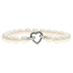 White Gold Pearl Heart Knotted Strand Bracelet 6 3/4" - 14k Love