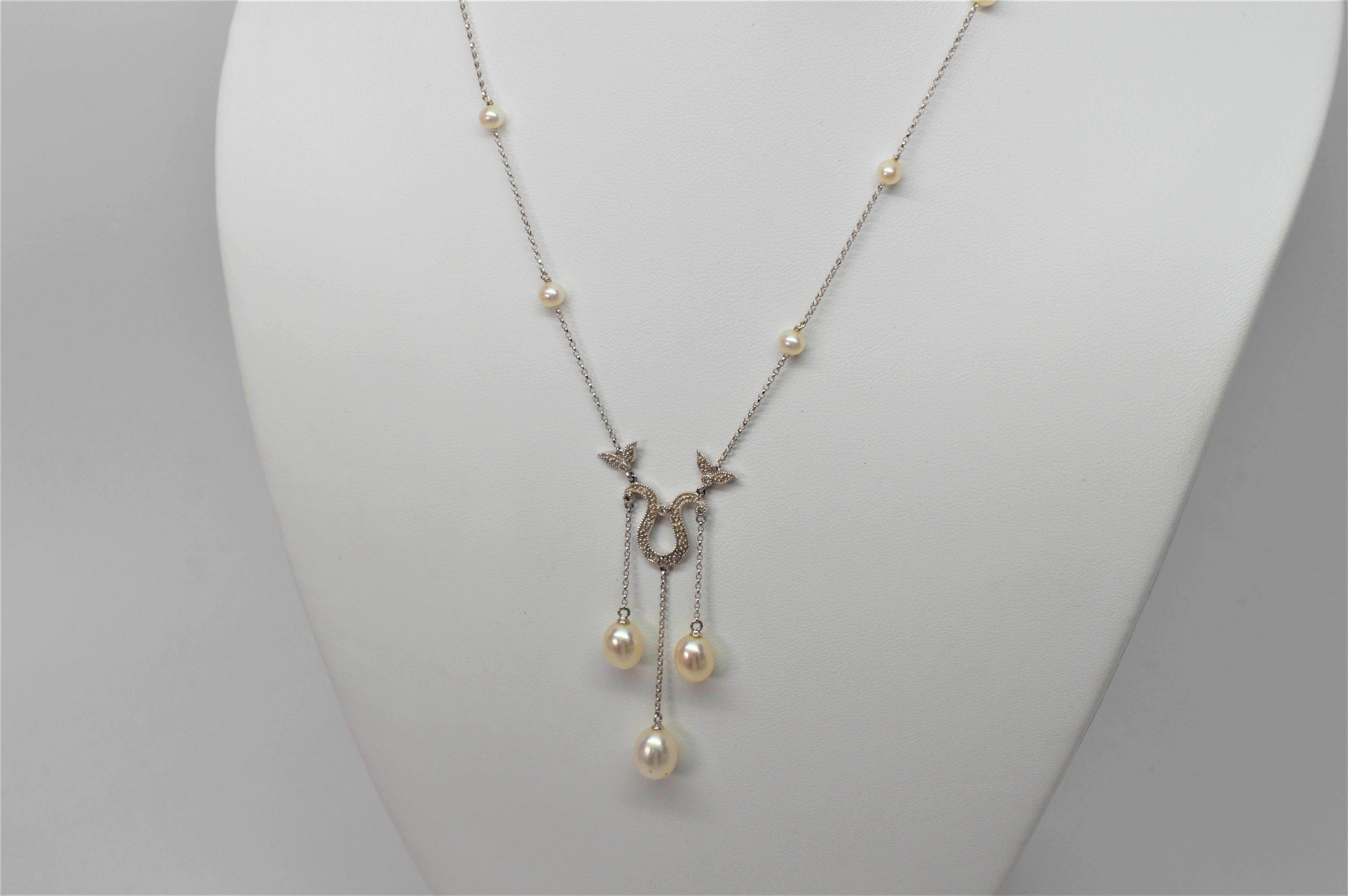 White Gold and Pearl Teardrop Pendant Necklace with Diamond Enhancements In New Condition In Mount Kisco, NY