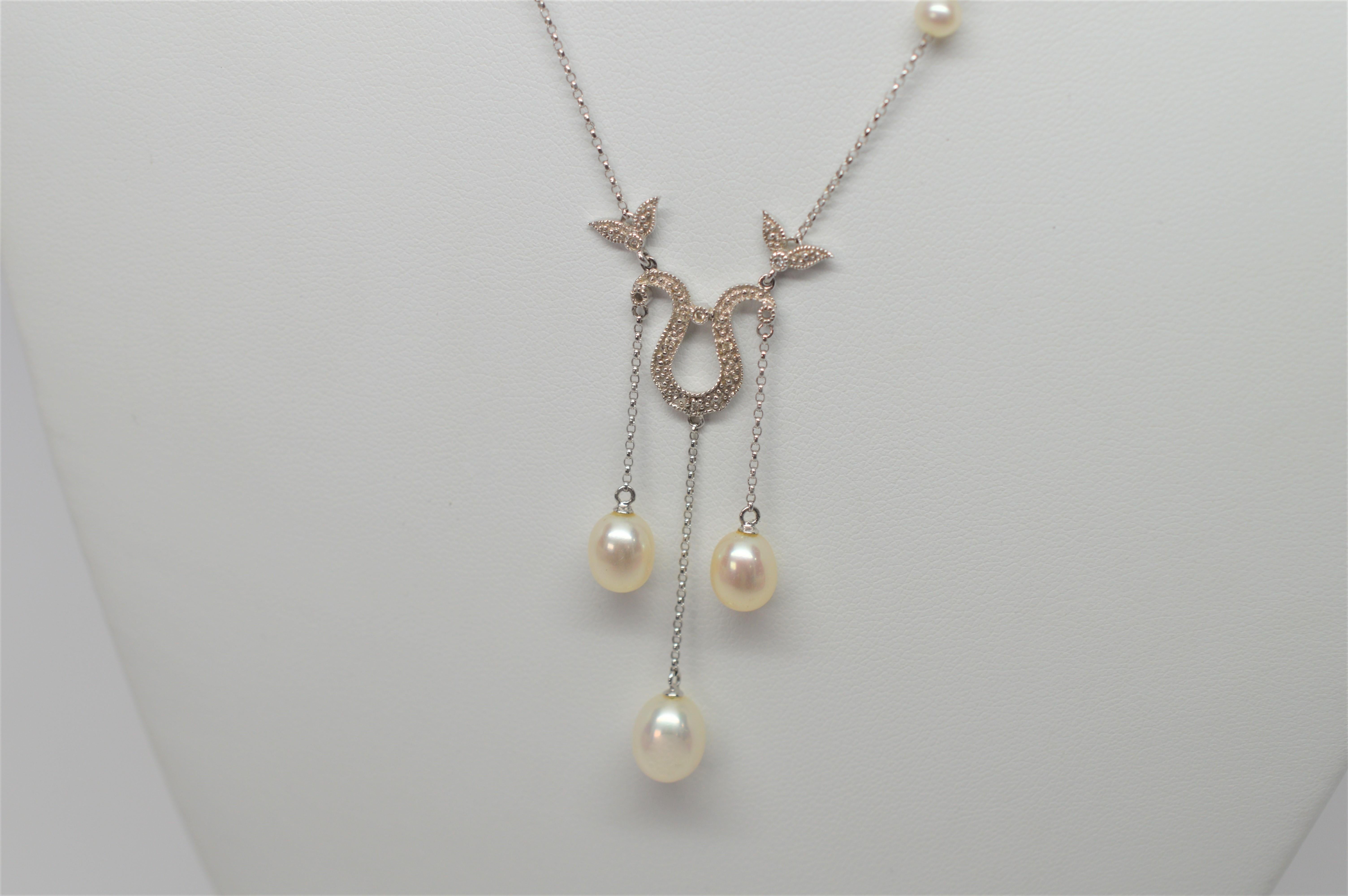 Women's White Gold and Pearl Teardrop Pendant Necklace with Diamond Enhancements