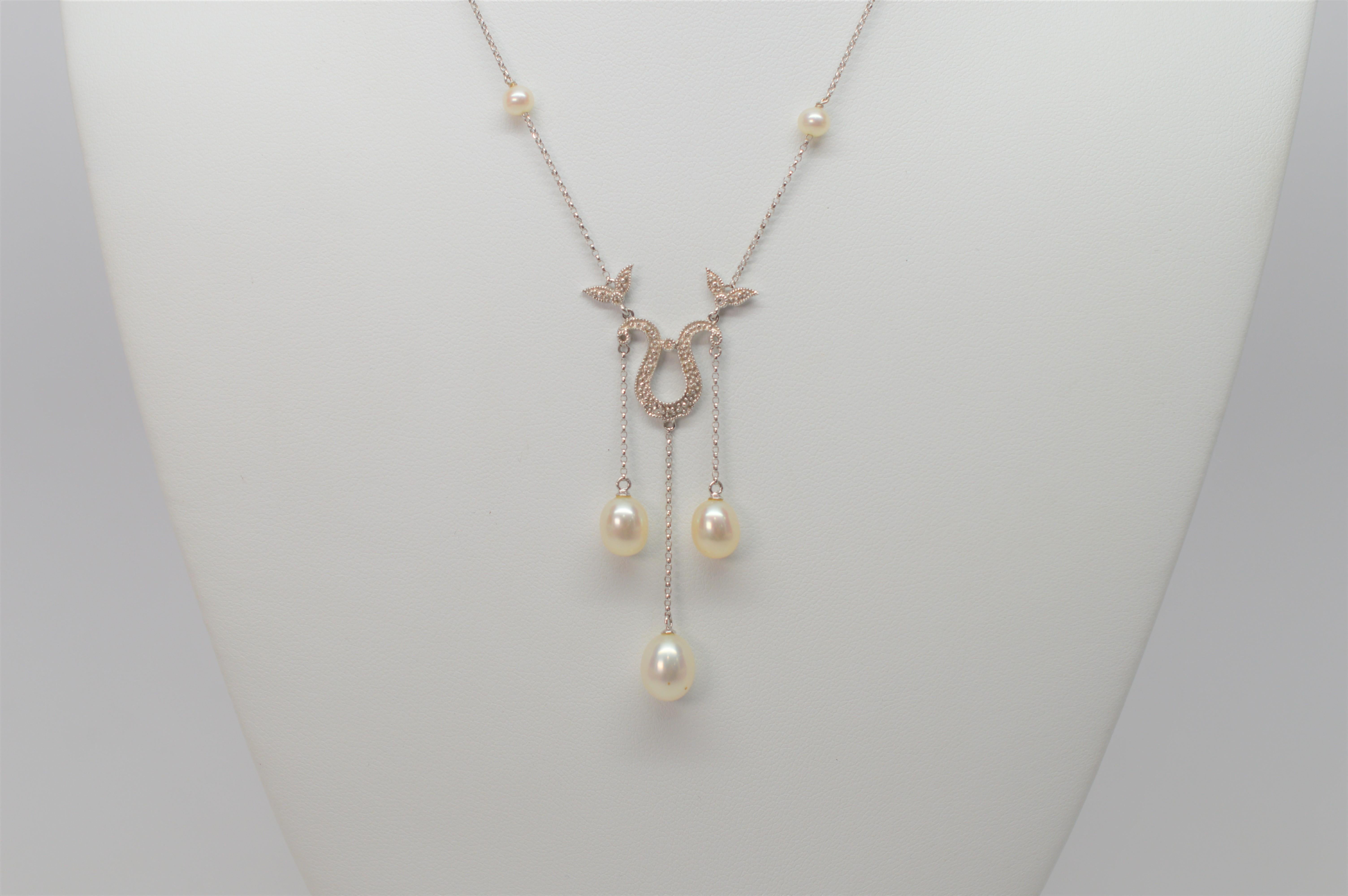 White Gold and Pearl Teardrop Pendant Necklace with Diamond Enhancements 1