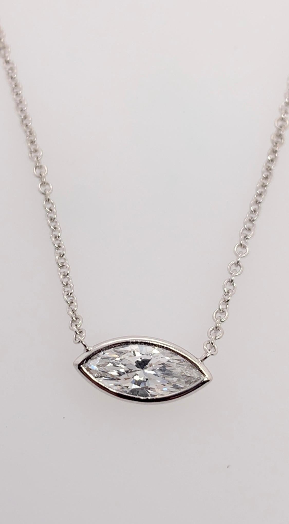Stunning 14k White Gold Natural Marquise Diamond Pendant, certified by EGL USA as a D color and SI1 in clarity. The measurement is 10.91x4.96x3.11mm.

The Italian chain is 16 inches in length.

Weight is 2.76 grams.