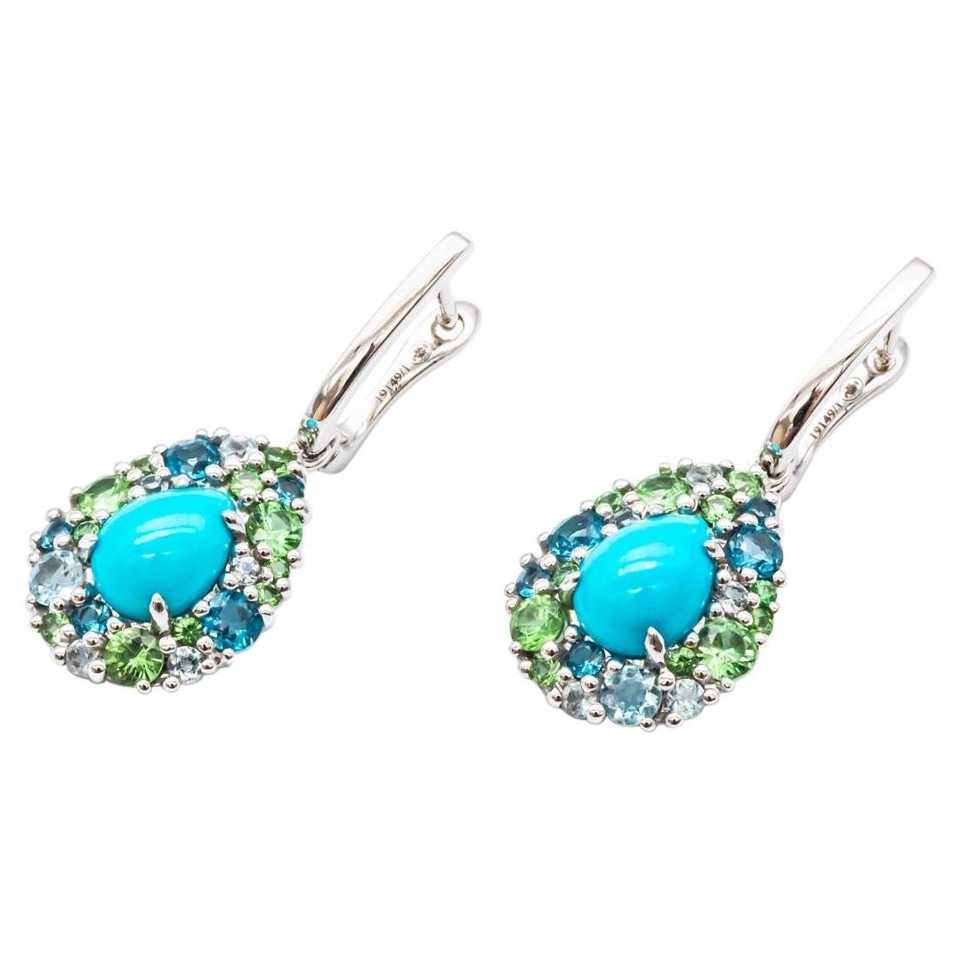 18 ct White Gold Pendant Earrings with Tsavorite, Turquoise, Topaz and Diamonds
