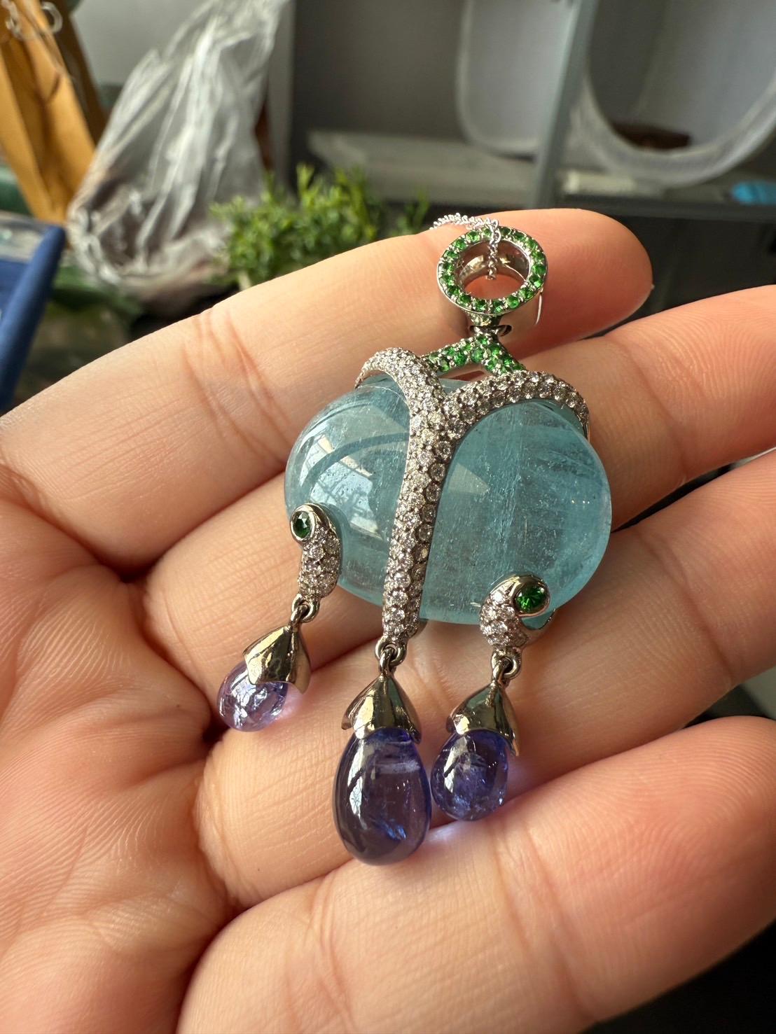 Women's White Gold Pendant in 18K with Diamonds, Aquamarine, Tanzanites and Tsavorites For Sale