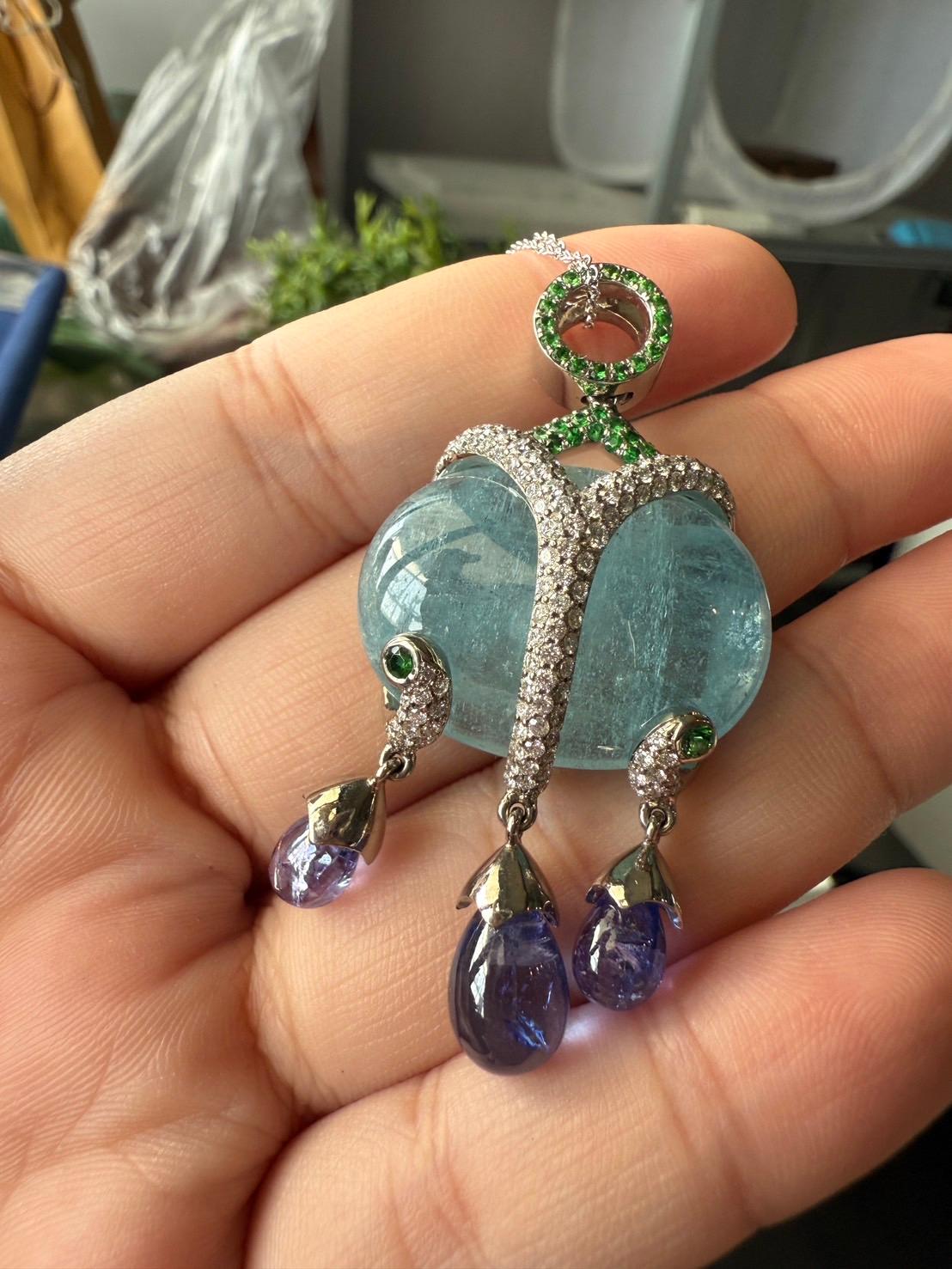 White Gold Pendant in 18K with Diamonds, Aquamarine, Tanzanites and Tsavorites For Sale 2