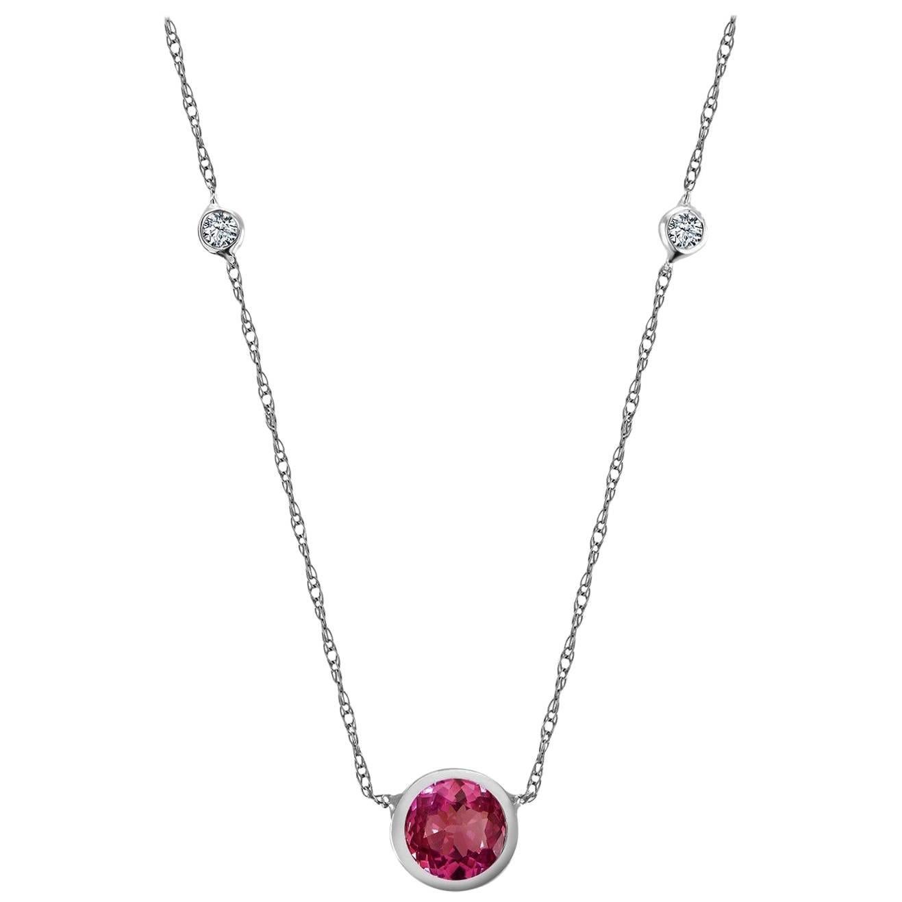 White Gold Pendant Necklace One Carat Ruby Center and Two Bezel-Set Diamonds  