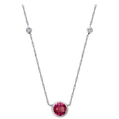 White Gold Pendant Necklace Round Ruby Center and Two Bezel-Set Diamonds