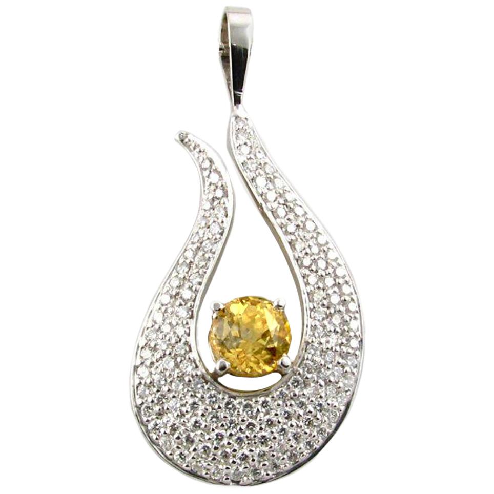 White Gold Pendant with 2.02 Carat Yellow Sapphire and Pave Accent Diamonds For Sale