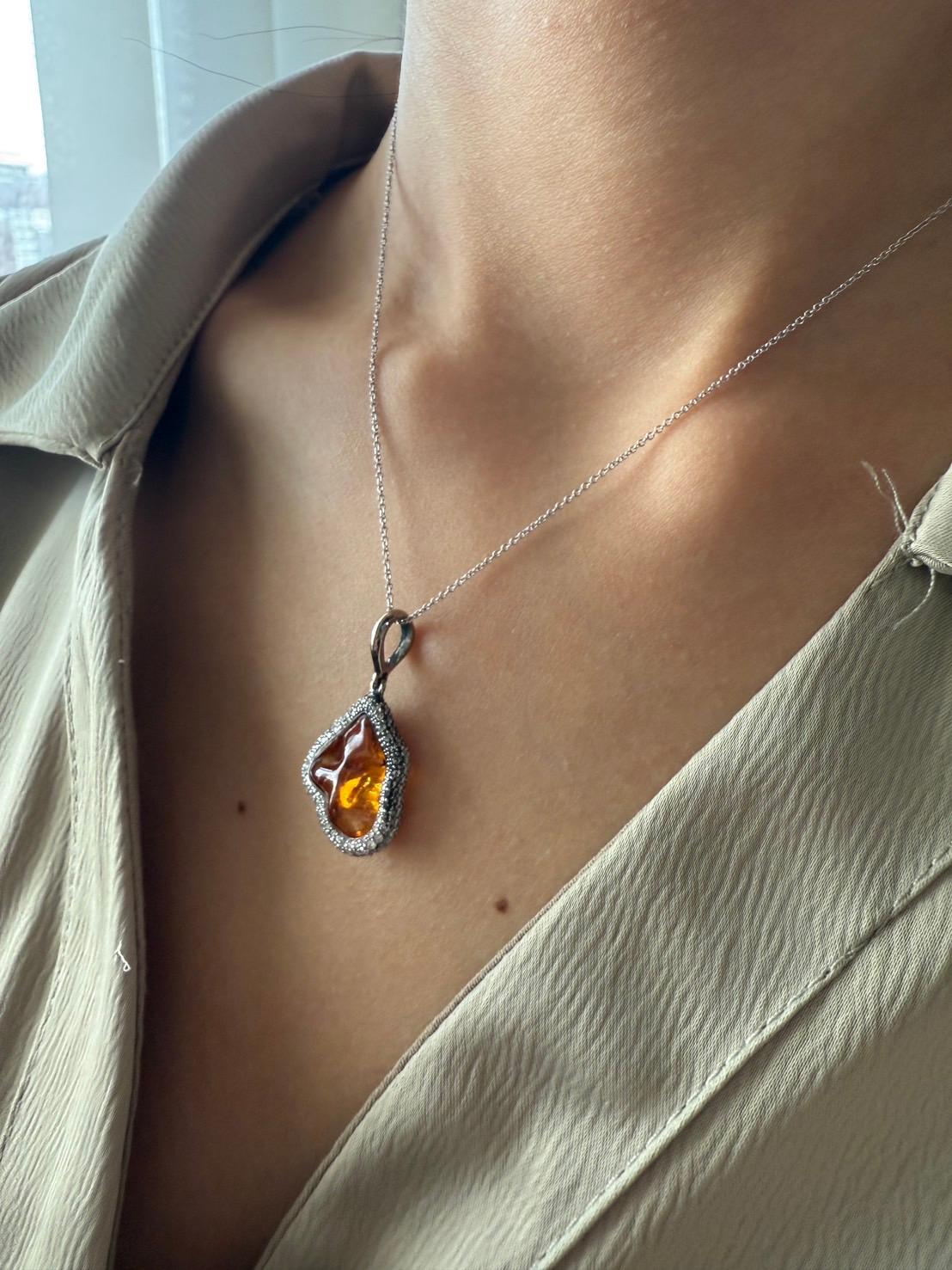 White Gold Pendant with Uncut Natural Orange Garnet and White DIamonds For Sale 5