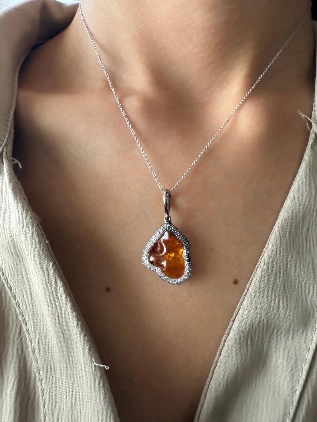 White Gold Pendant with Uncut Natural Orange Garnet and White DIamonds For Sale 6