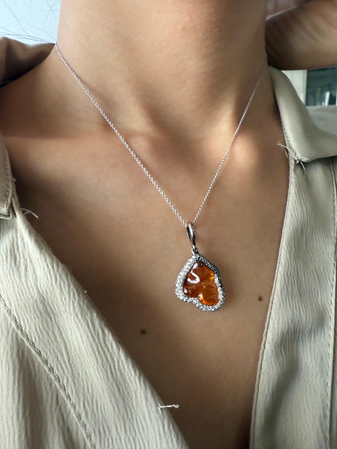 White Gold Pendant with Uncut Natural Orange Garnet and White DIamonds For Sale 7