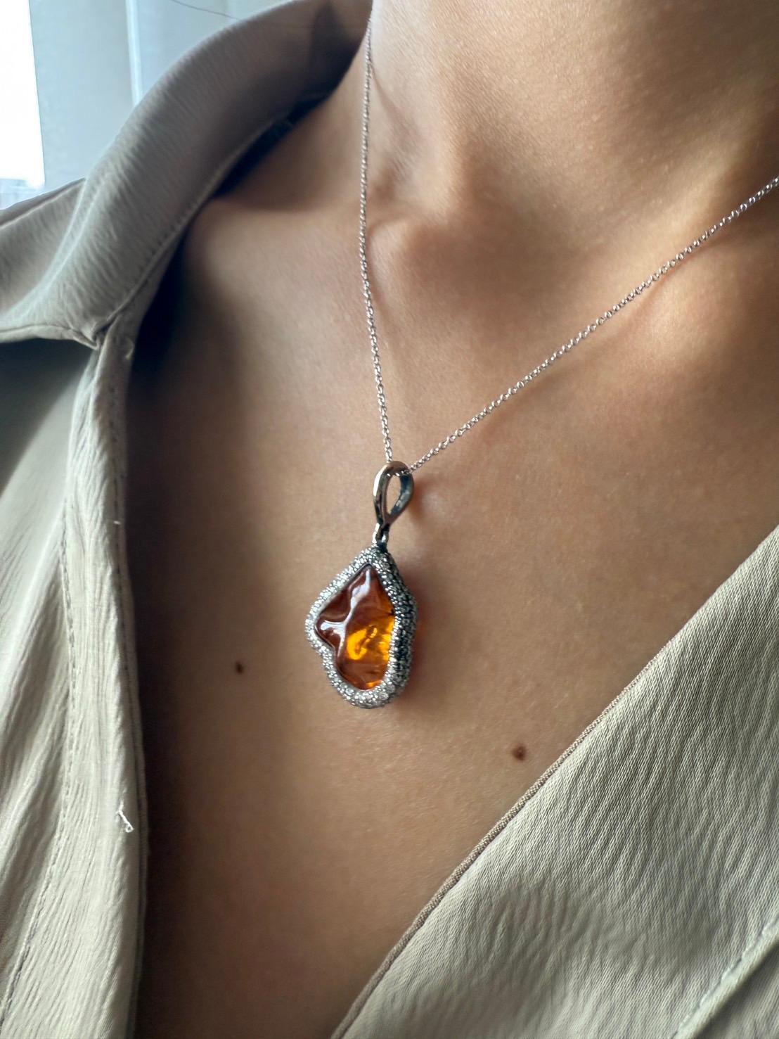 White Gold Pendant with Uncut Natural Orange Garnet and White DIamonds For Sale 8