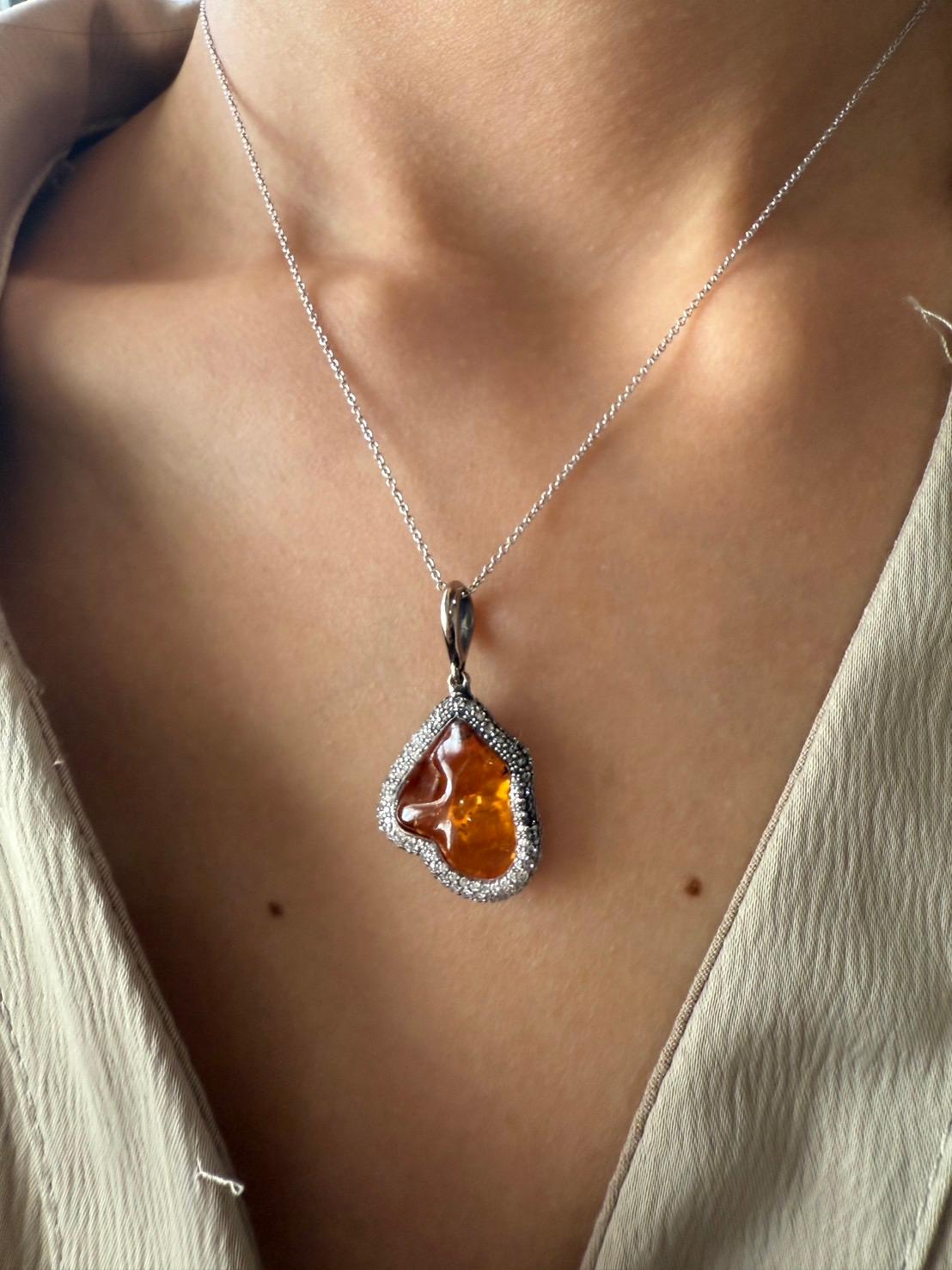 White Gold Pendant with Uncut Natural Orange Garnet and White DIamonds For Sale 9