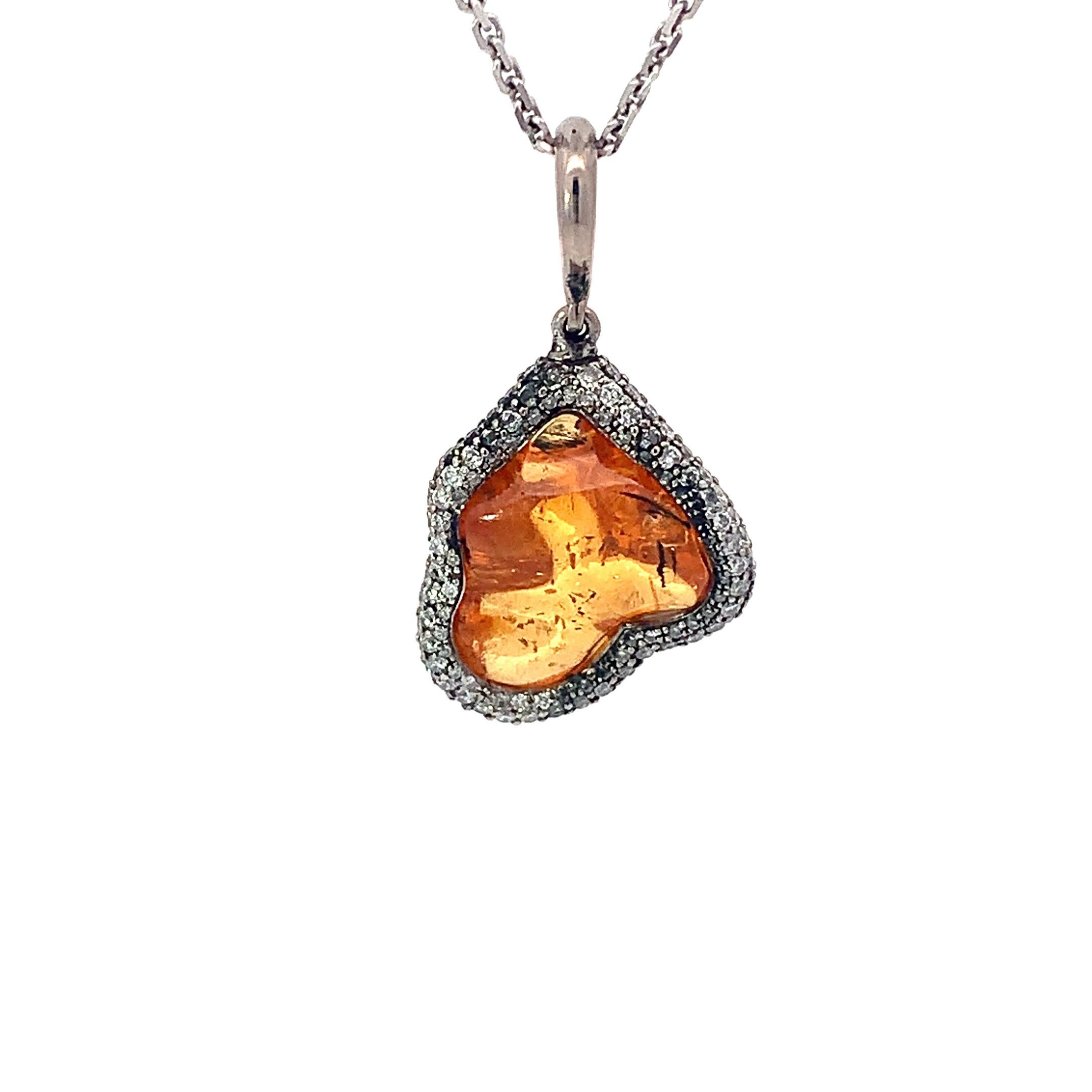 Round Cut White Gold Pendant with Uncut Natural Orange Garnet and White DIamonds For Sale