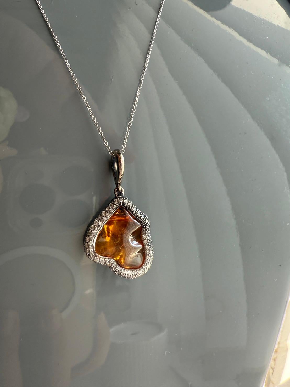 White Gold Pendant with Uncut Natural Orange Garnet and White DIamonds For Sale 1