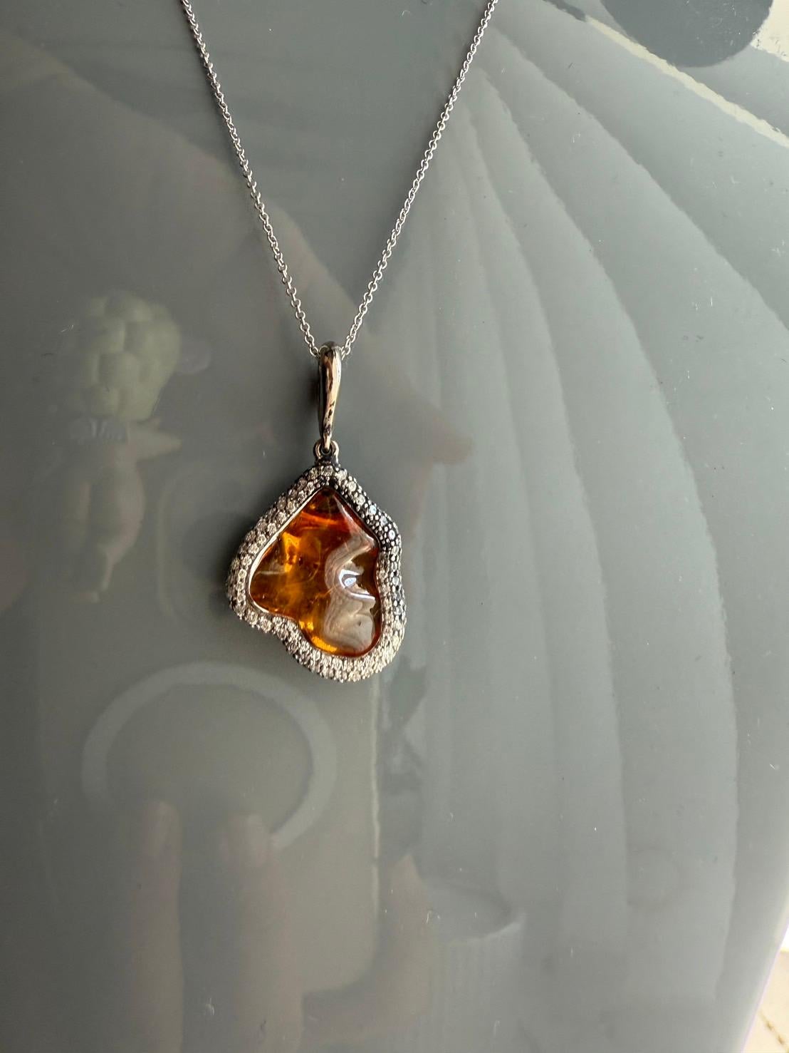 White Gold Pendant with Uncut Natural Orange Garnet and White DIamonds For Sale 2