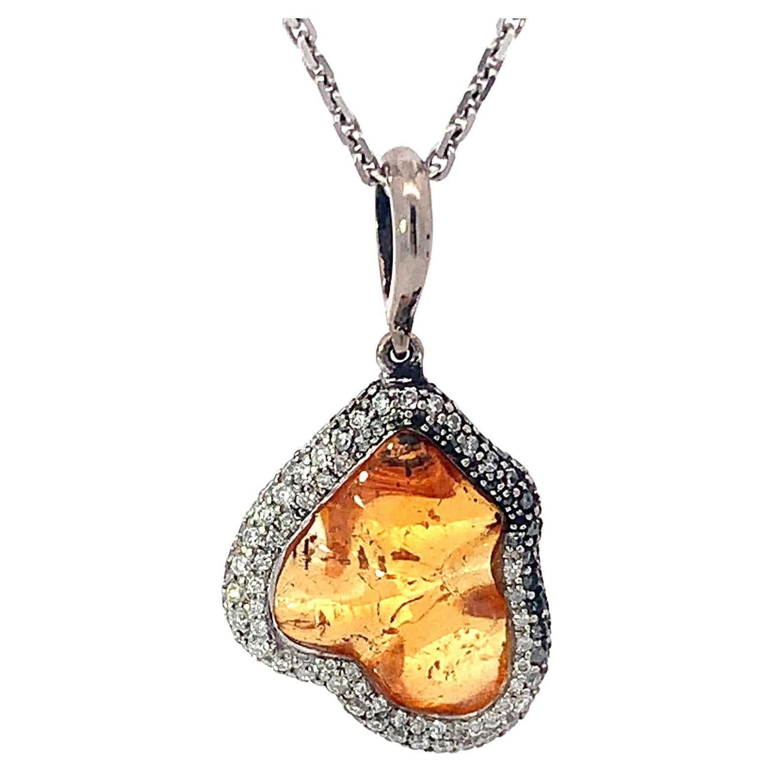 White Gold Pendant with Uncut Natural Orange Garnet and White DIamonds For Sale