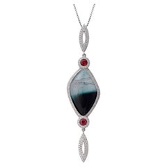 White Gold Pendant with White Diamond, Red Sapphire and Cabochon Tourmaline