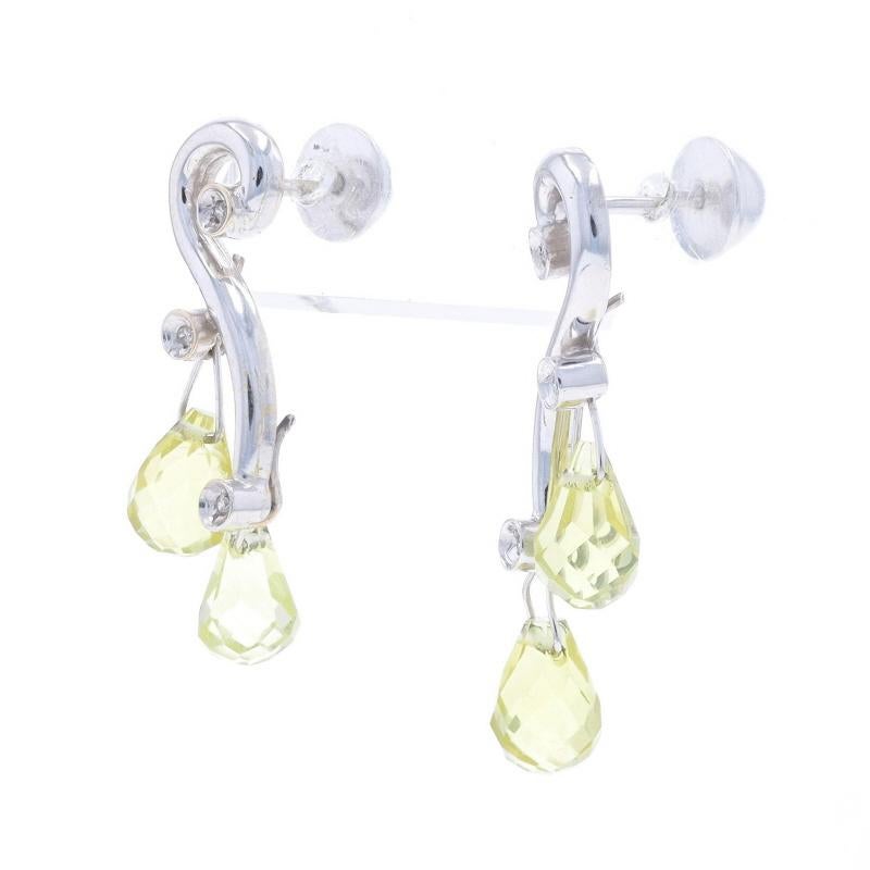 Round Cut White Gold Peridot & Diamond Dangle Earrings - 18k Briolette Swirl Drop Pierced For Sale