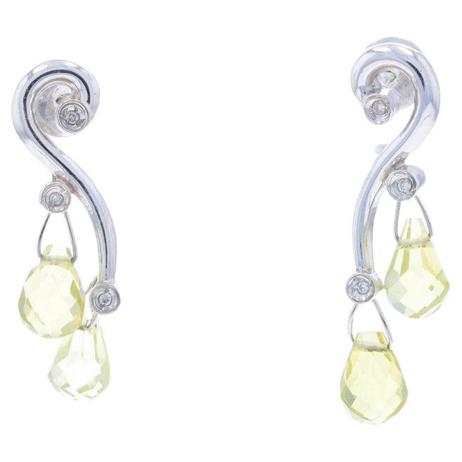 White Gold Peridot & Diamond Dangle Earrings - 18k Briolette Swirl Drop Pierced For Sale