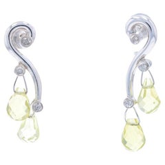 White Gold Peridot & Diamond Dangle Earrings - 18k Briolette Swirl Drop Pierced