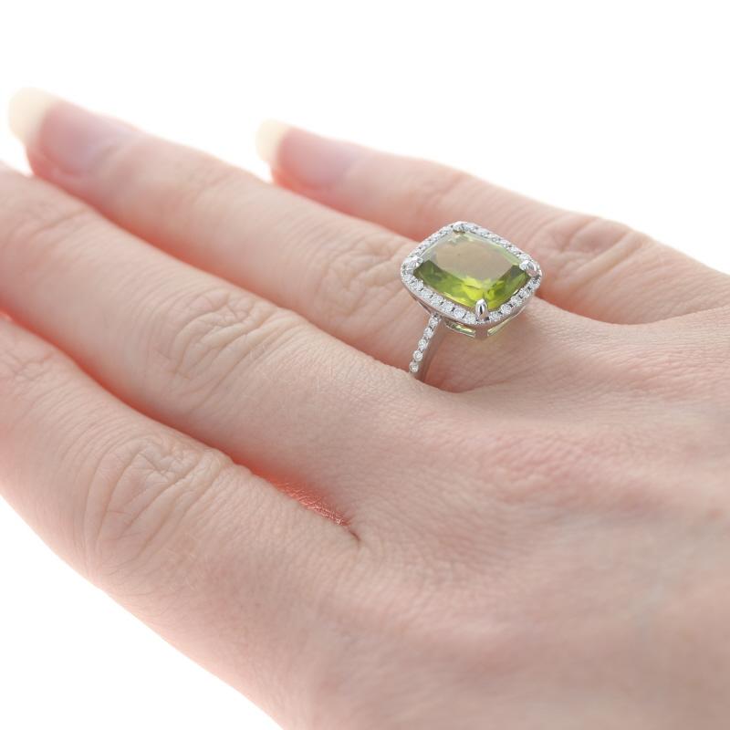 White Gold Peridot & Diamond Halo Ring - 14k Cushion 3.84ctw In Excellent Condition For Sale In Greensboro, NC