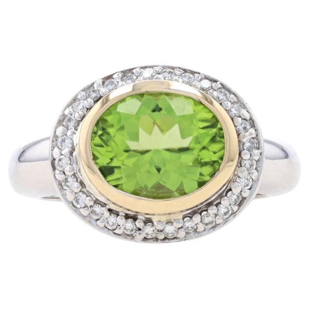 White Gold Peridot & Diamond Halo Ring - 14k Oval 3.10ctw East-West For Sale