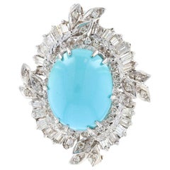 White Gold Persian Turquoise and Diamond Wreath Halo Brooch, 14 Karat 2.00 Carat