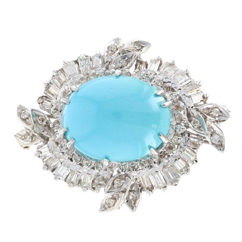 Era: Vintage

Metal Content: 14k White Gold

Stone Information: 
Genuine Persian Turquoise
Cut: Oval Cabochon
Color: Blue
Size: 17.7mm x 14mm

Natural Diamonds
Total Carats: 2.00ctw
Cuts: Baguette & Single
Color: H - I - J
Clarity: SI1 - I1

Style: