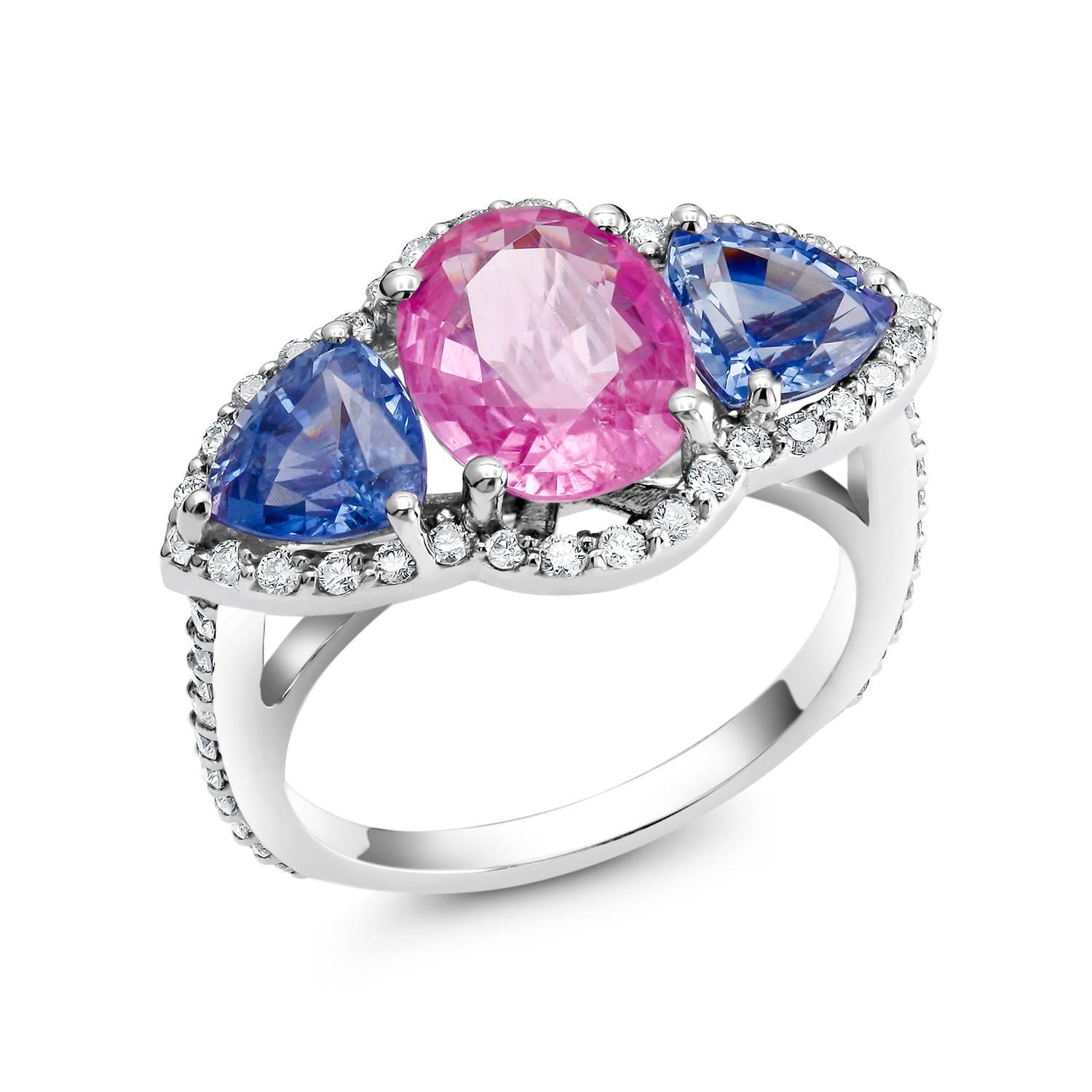 Cushion Cut Ceylon Pink Cushion and Trillion Blue Sapphires Diamond Cocktail Cluster Ring