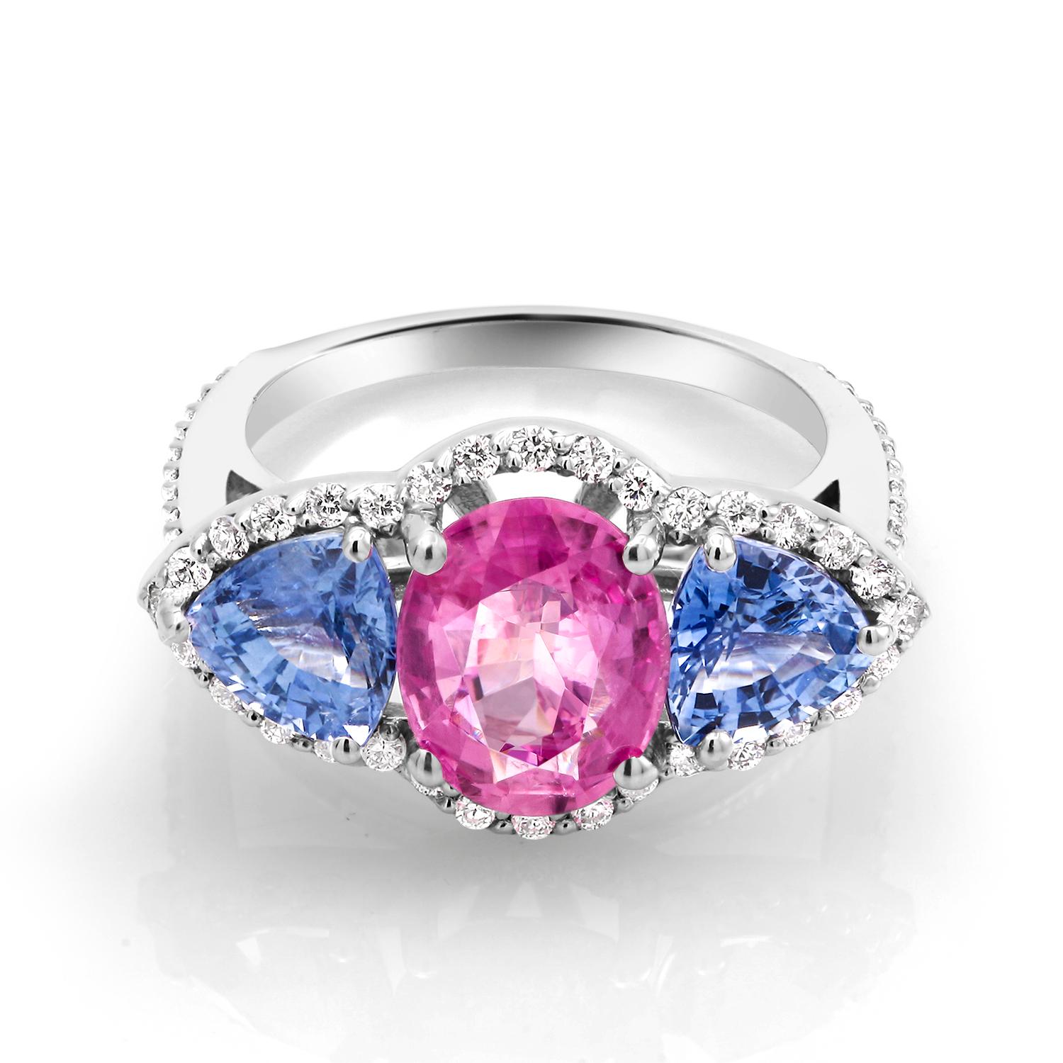 Women's Ceylon Pink Cushion and Trillion Blue Sapphires Diamond Cocktail Cluster Ring