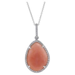 Antique White Gold Pink Opal & Diamond Halo Pendant Necklace, 14k Rose Slice 3.37ctw