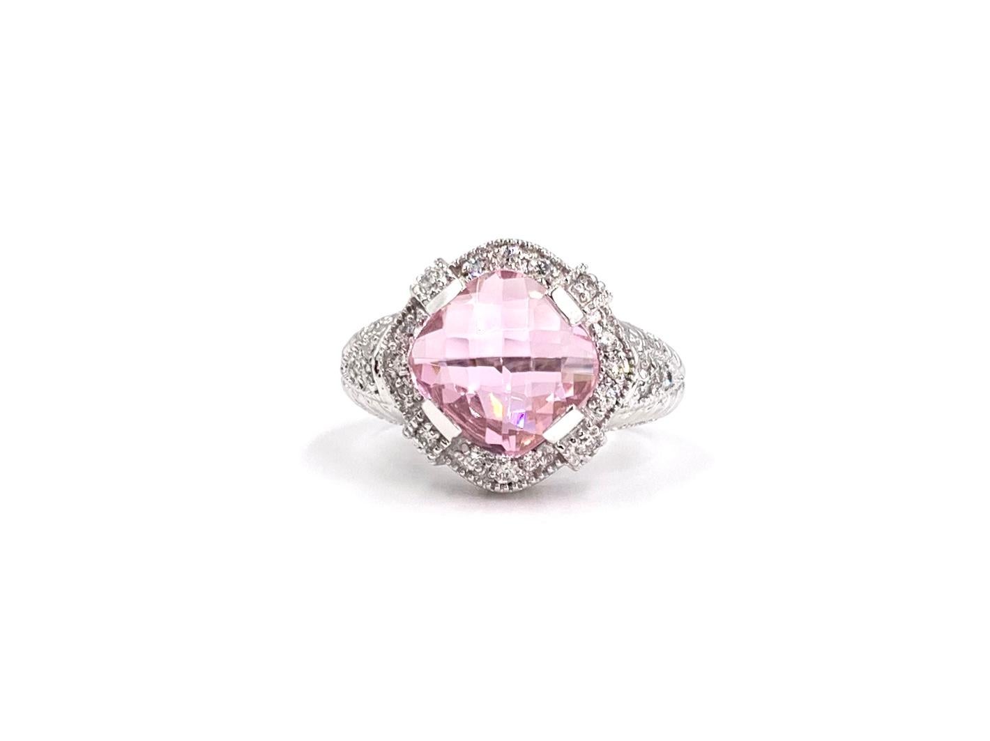 White Gold Pink Quartz and Diamond Ring In Excellent Condition For Sale In Pikesville, MD