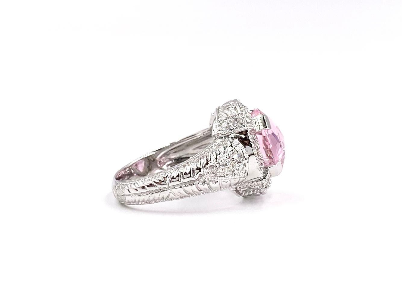 Cushion Cut White Gold Pink Quartz and Diamond Ring For Sale