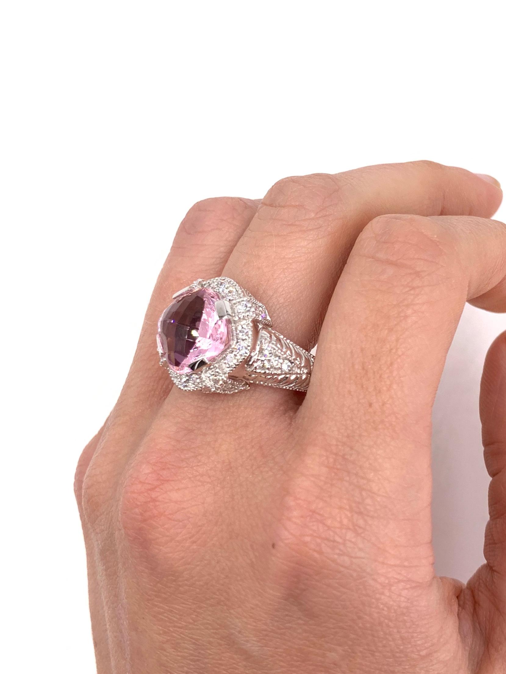 White Gold Pink Quartz and Diamond Ring For Sale 1