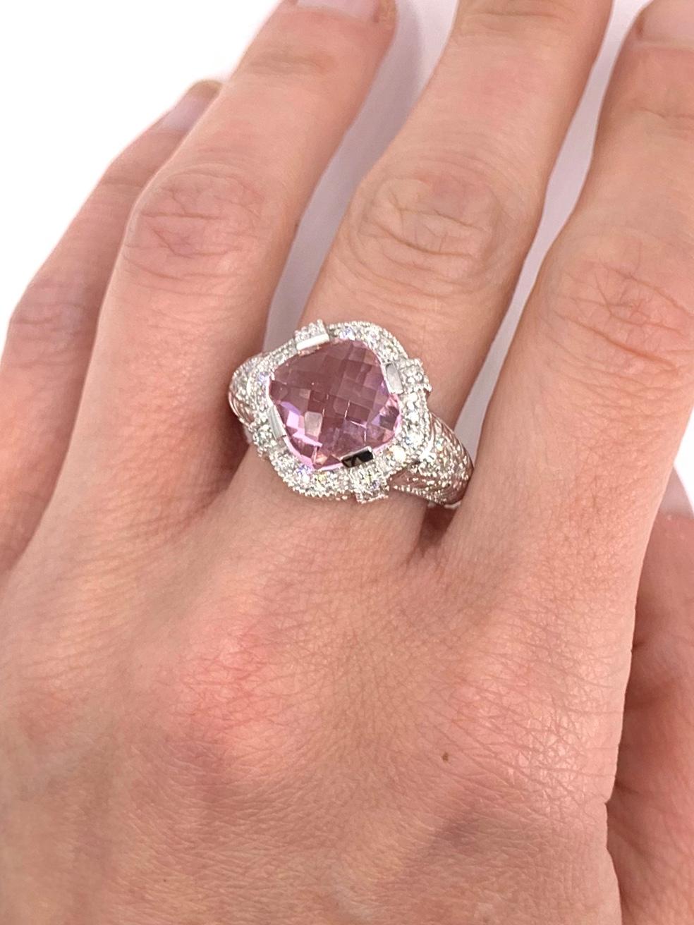 Women's White Gold Pink Quartz and Diamond Ring For Sale