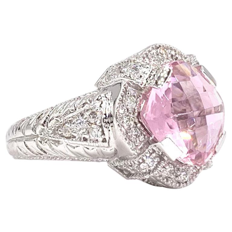 White Gold Pink Quartz and Diamond Ring For Sale