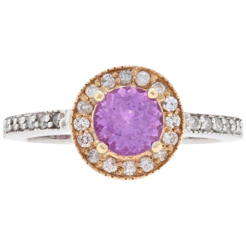 White Gold Pink Sapphire and Diamond Halo Ring, 14 Karat Round Cut 1.29 Carat