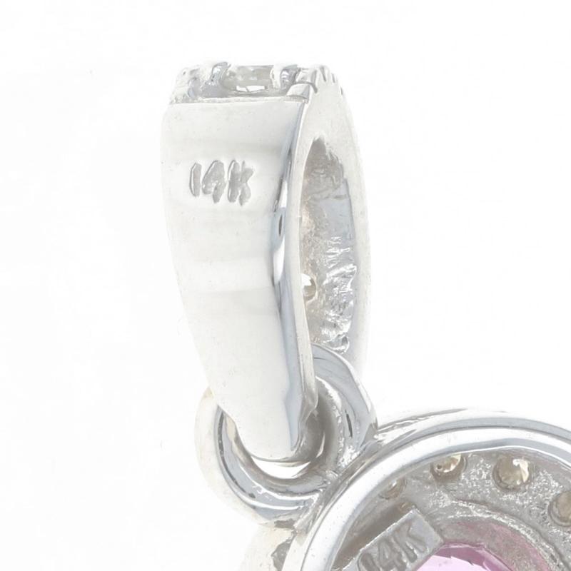 White Gold Pink Sapphire & Diamond Halo Pendant - 14k Round .92ctw Milgrain In Excellent Condition For Sale In Greensboro, NC