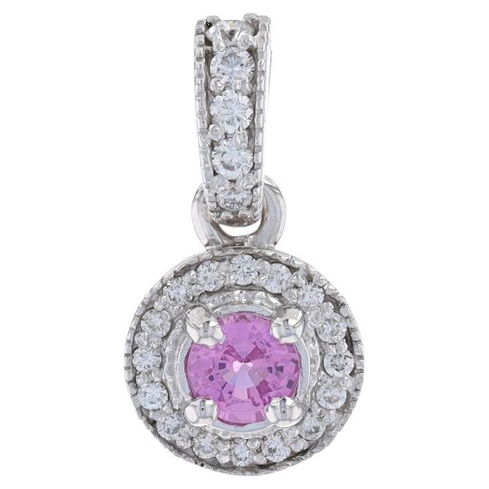 White Gold Pink Sapphire & Diamond Halo Pendant - 14k Round .92ctw Milgrain For Sale