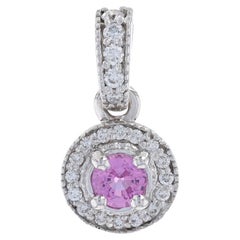 White Gold Pink Sapphire & Diamond Halo Pendant - 14k Round .92ctw Milgrain